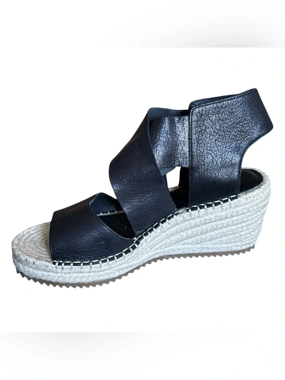 Eileen Fisher Willow Black Tumbled Leather Wedge Espadrille Sandals  Crisscross